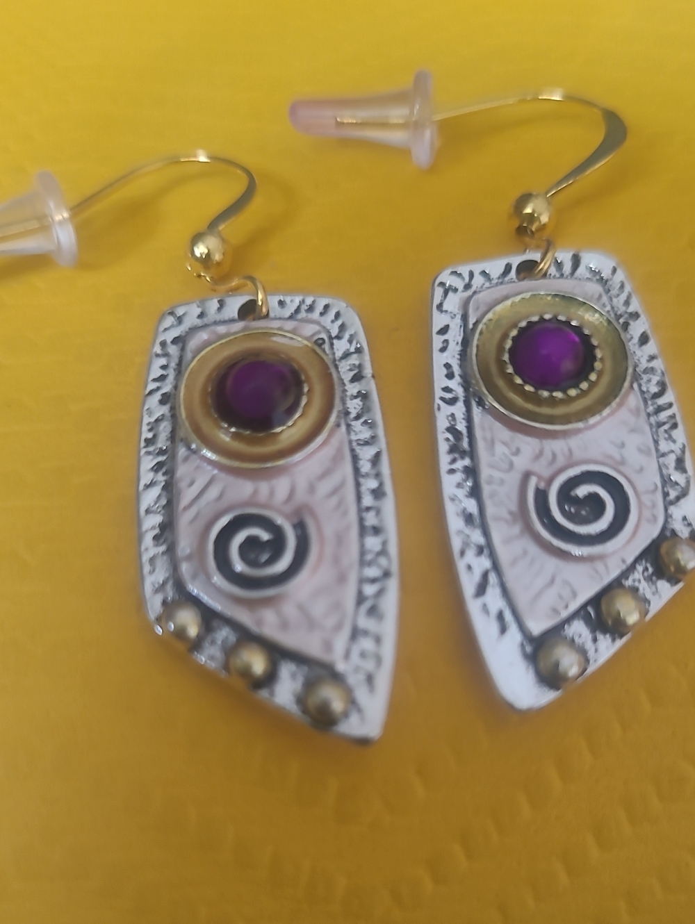Handcrafted Purple Stone Mixed Metal Dangle Earrings